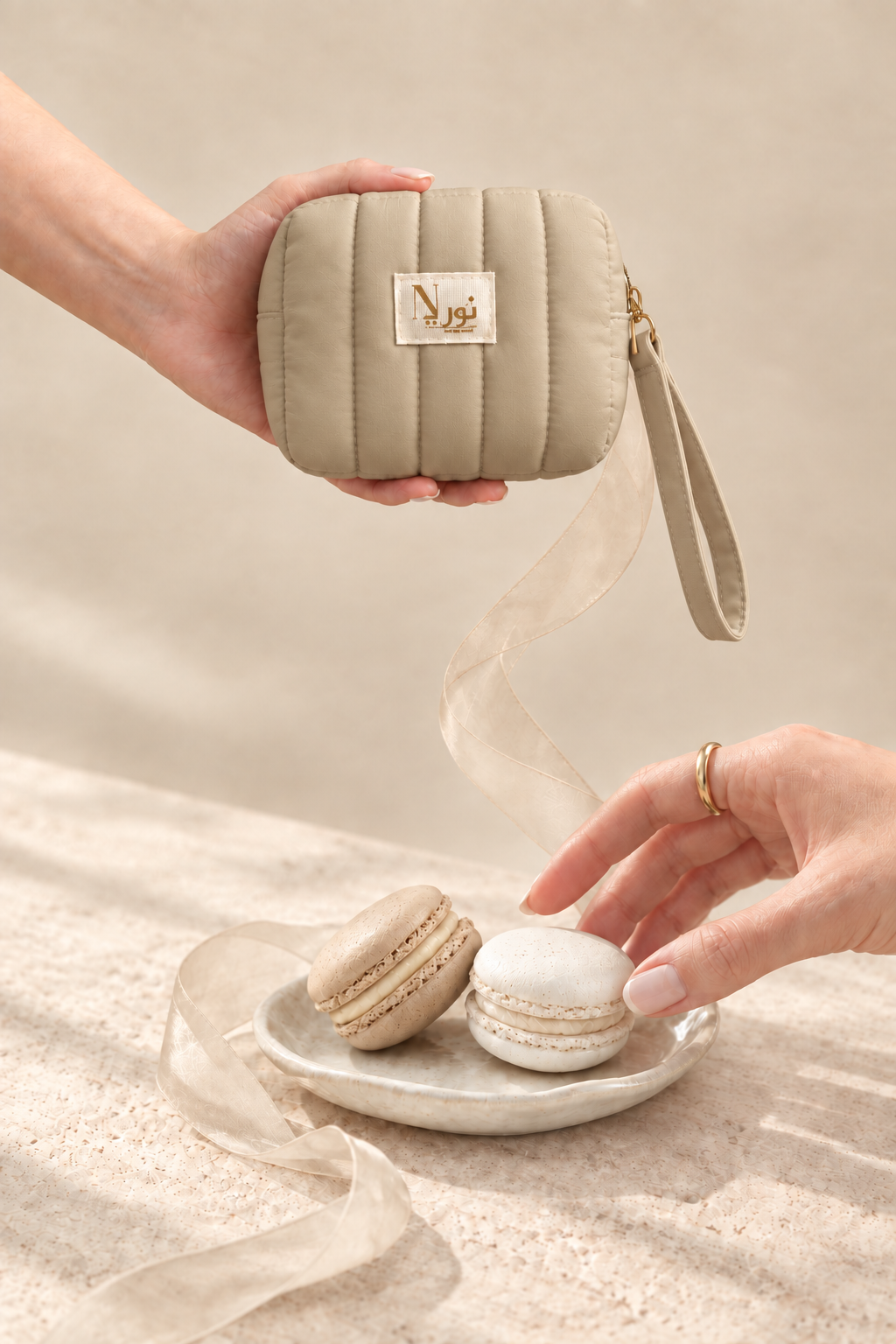 Beige Nuri pouch and macarons with smoother fabric