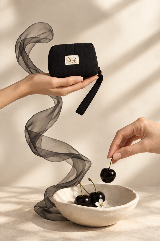 Smaller black pouch with cherry still life