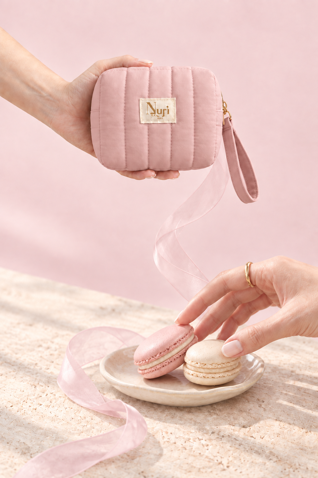 Dusty-rose Nuri pouch with a more even fabric color