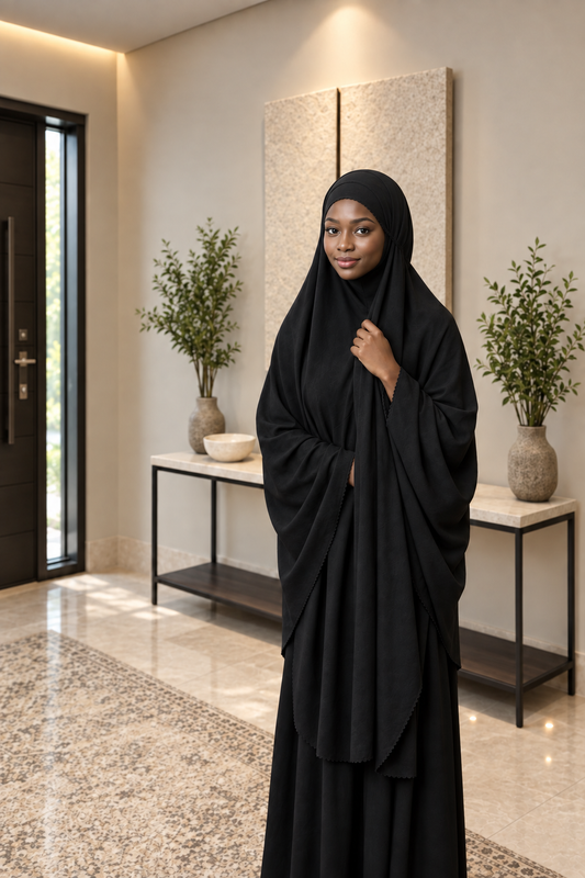 Woman in black khimar with smoother head covering